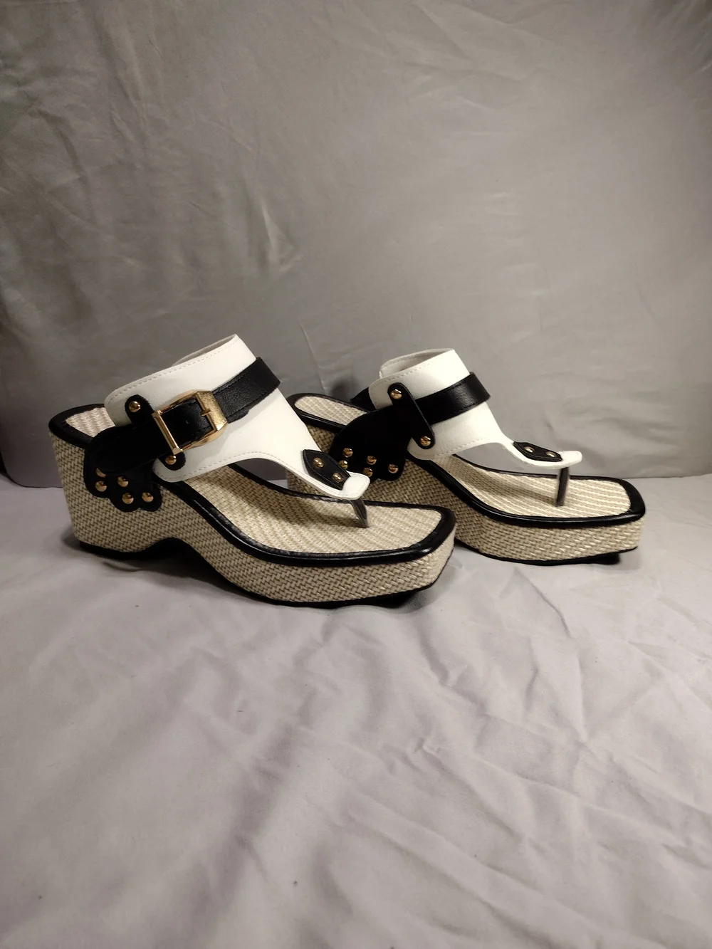 White and Black Wedge Thong Sandals